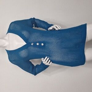 Chico's Blue Bohemian Coastal V-Neck Pullover Open Kit Tunic Sweater Size M